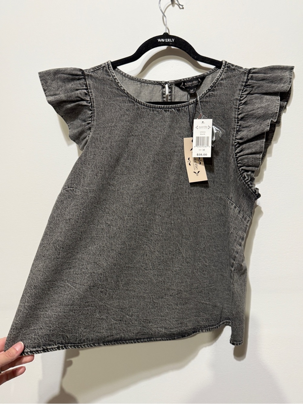NWT Nanette Lepore Washed Grey Ruffle Sleeve Denim-Blouse - Picture 2 of 3